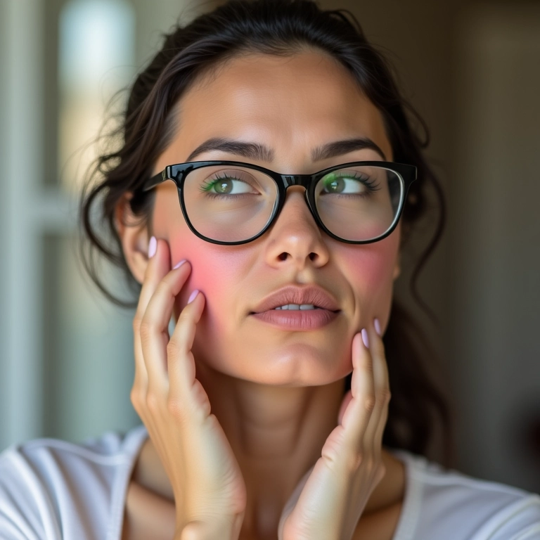 Mulher com óculos aplicando blush na medida certa.