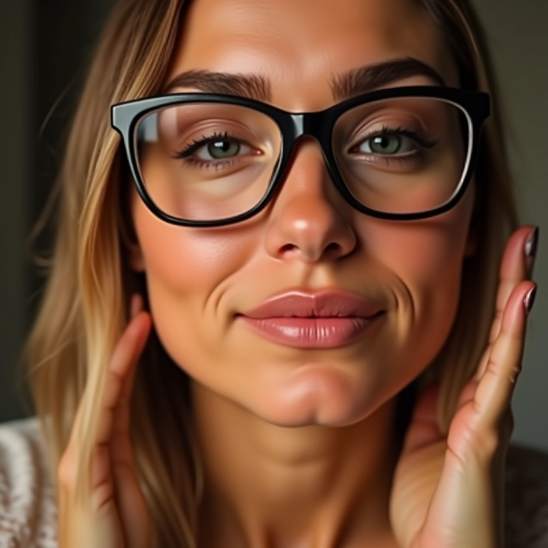 Mulher com óculos aplicando iluminador para destacar.