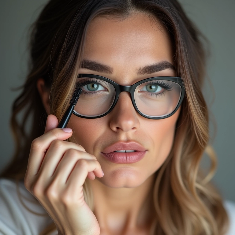 Mulher com óculos aplicando máscara de cílios poderosa.