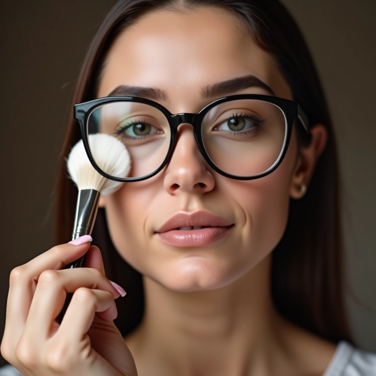 Mulher com óculos aplicando pó translúcido para selar.