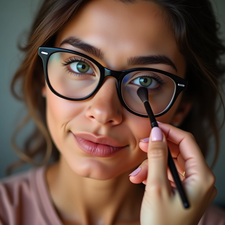 Mulher com óculos aplicando sombra vibrante.