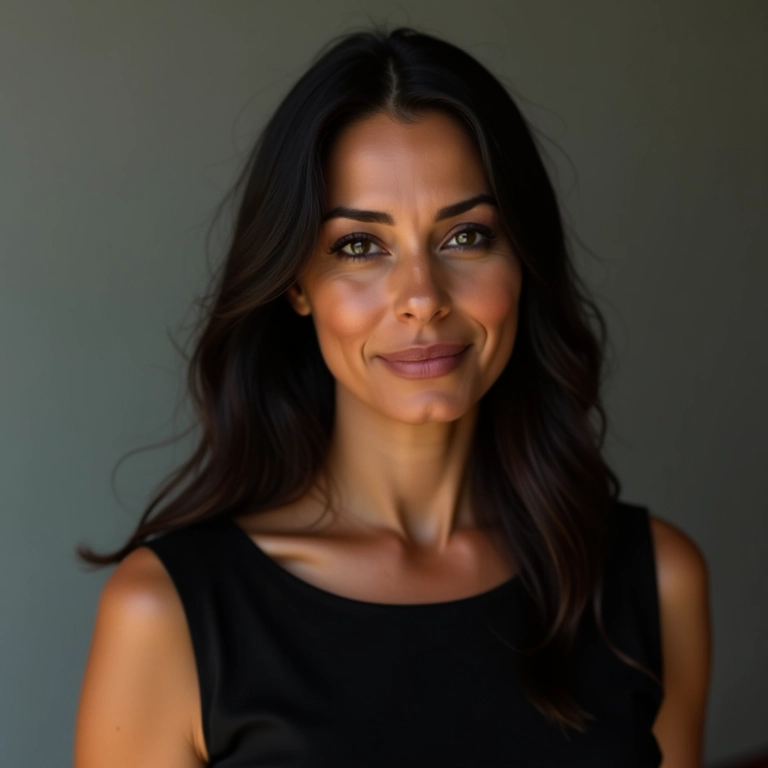 Mulher com olhos esfumados clássicos e vestido preto.