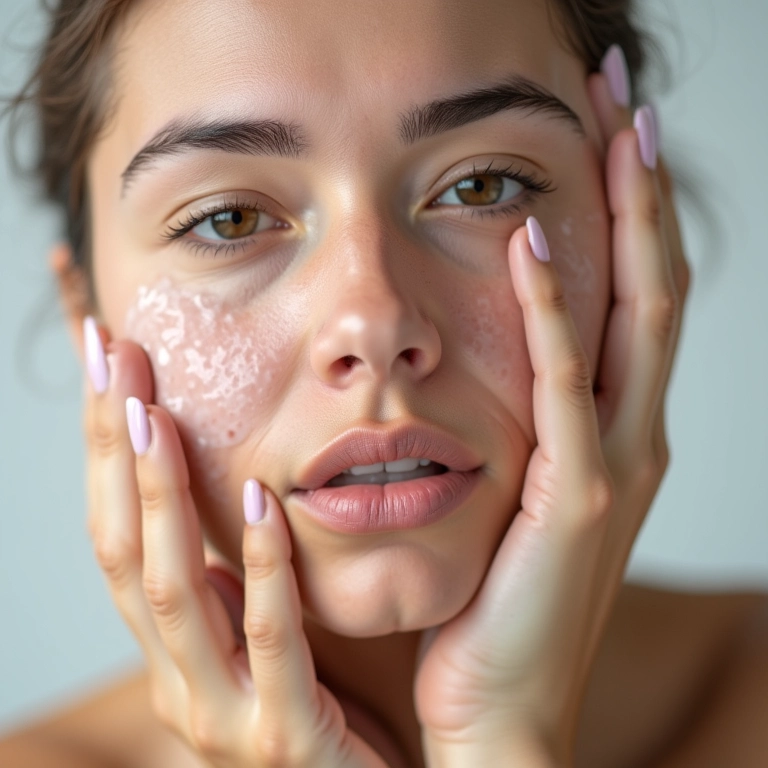 Mulher com pele acneica usando produto específico.