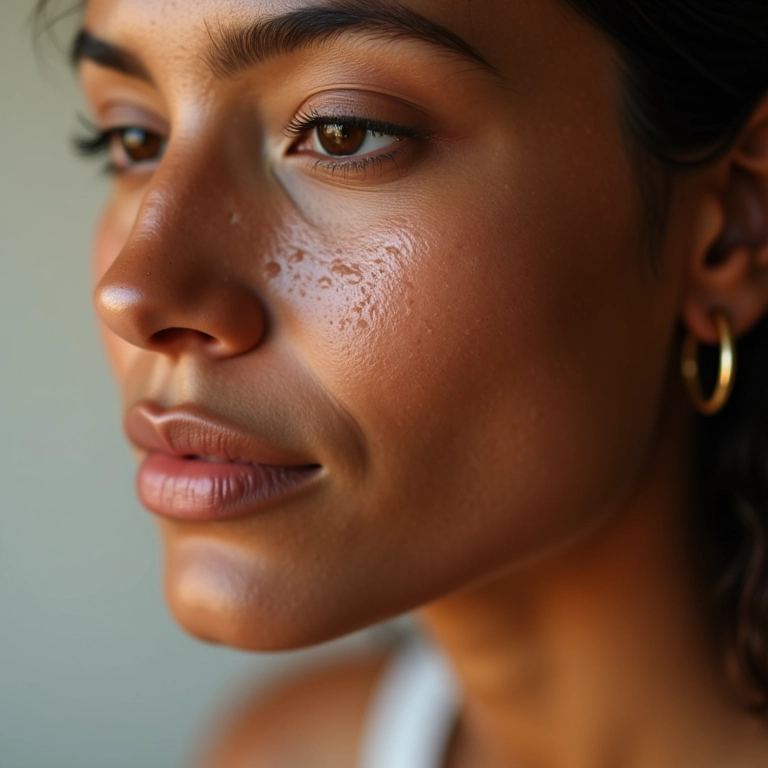 Mulher com pele hidratada após aplicação de bruma de ácido hialurônico.