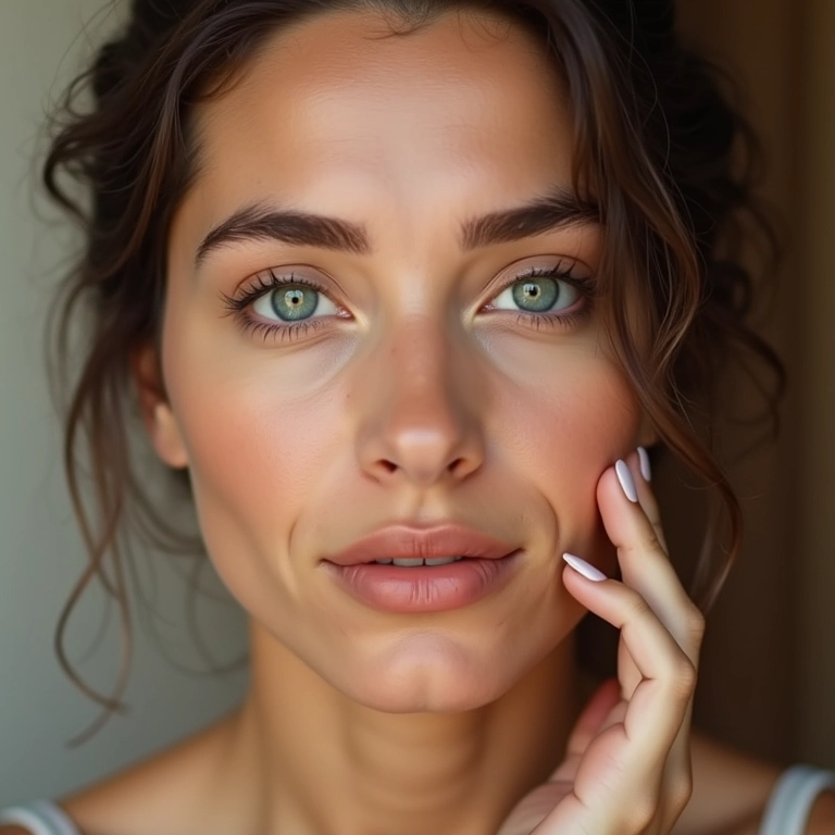 Mulher com pele impecável usando pó solto mineral vegano para um acabamento natural.