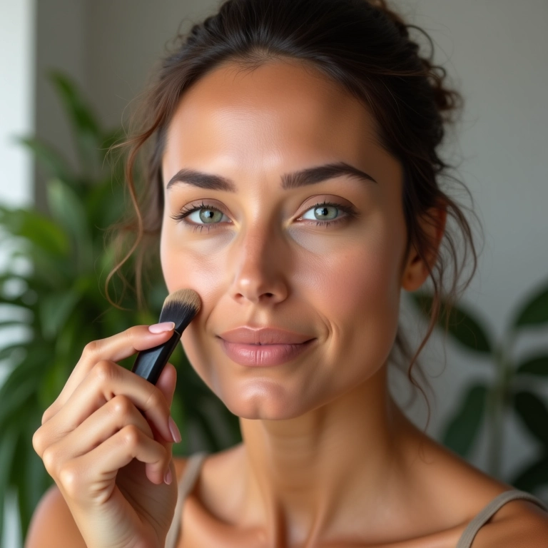 Mulher com pele mista aplicando base equilibrada.