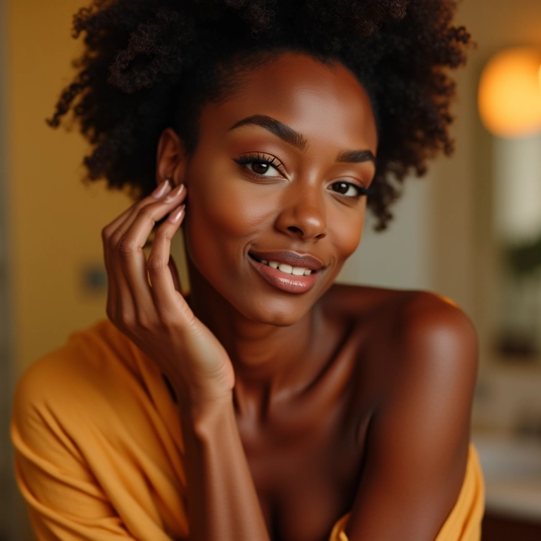 Mulher com pele mista aplicando maquiagem em banheiro vibrante.