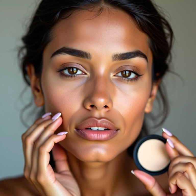 Mulher com pele mista aplicando pó compacto.