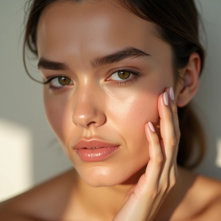 Mulher com pele oleosa usando fixador com efeito glow para controle de oleosidade.