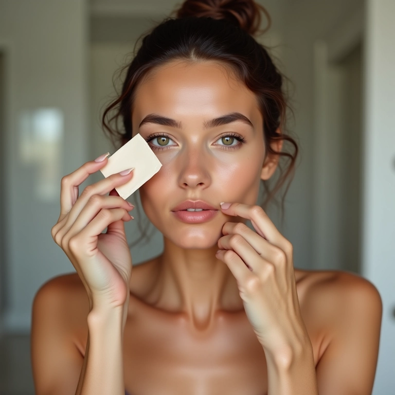 Mulher com pele oleosa usando lenço de papel após aplicar pó.