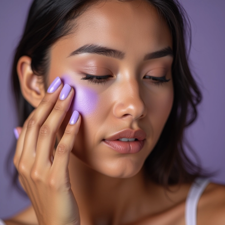 Mulher com pele oliva aplicando corretivo lilás para manchas amareladas.