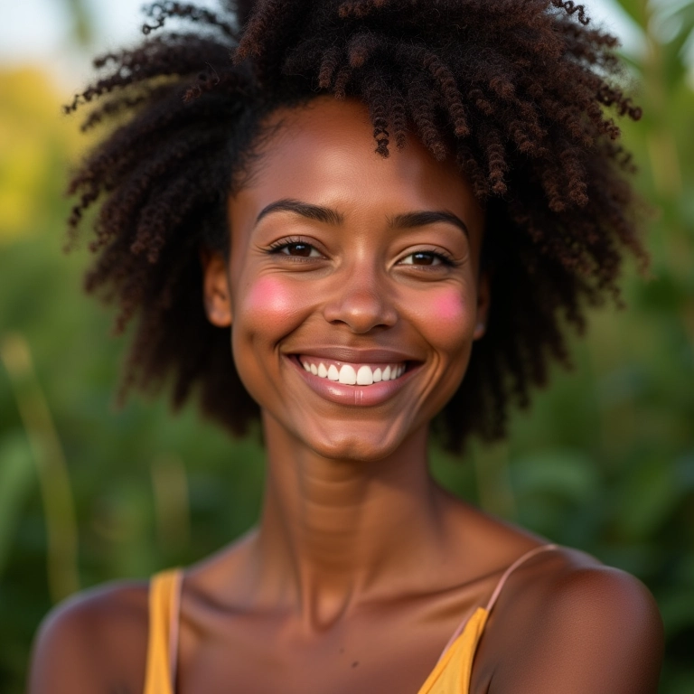 Mulher com pele radiante usando blush mineral para cobertura natural.