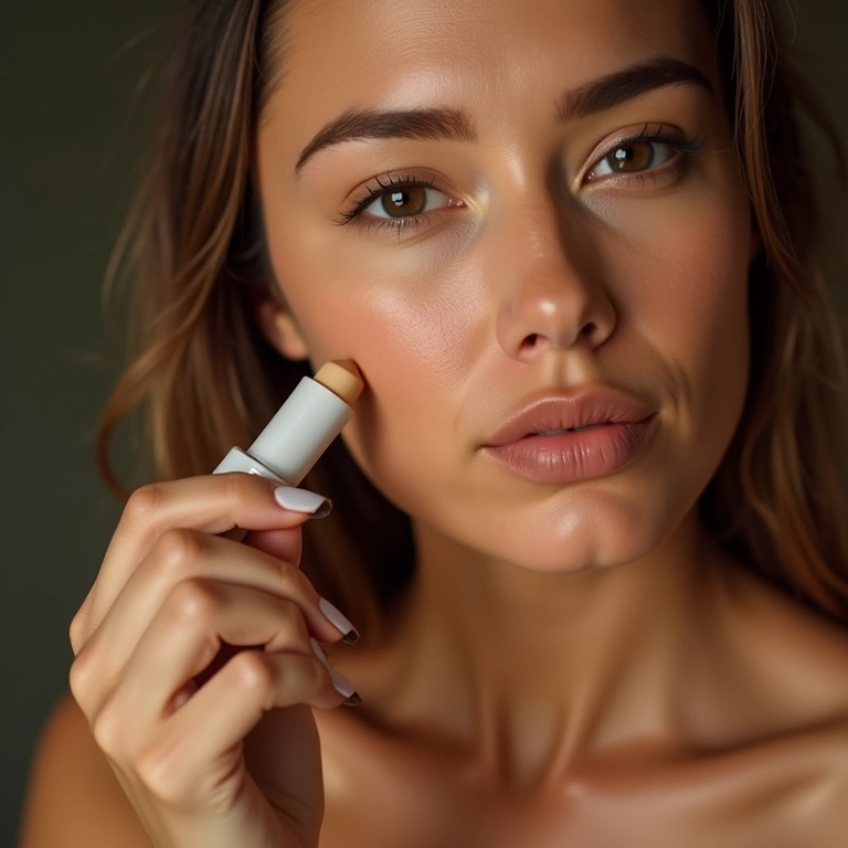 Mulher com pele seca aplicando corretivo em bastão hidratante.