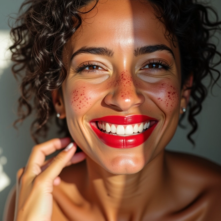 Mulher com sardas usando batom vermelho vibrante.