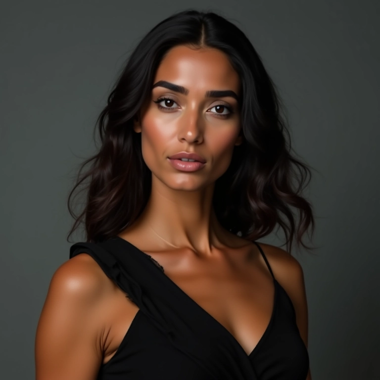 Mulher com sobrancelhas bem definidas e vestido preto.