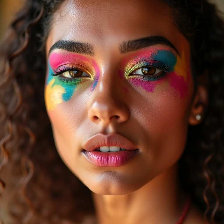 Mulher com sombra colorida vibrante para a virada do ano.