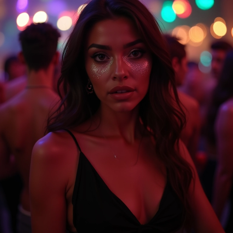 Mulher com sombras metalizadas e vestido preto.