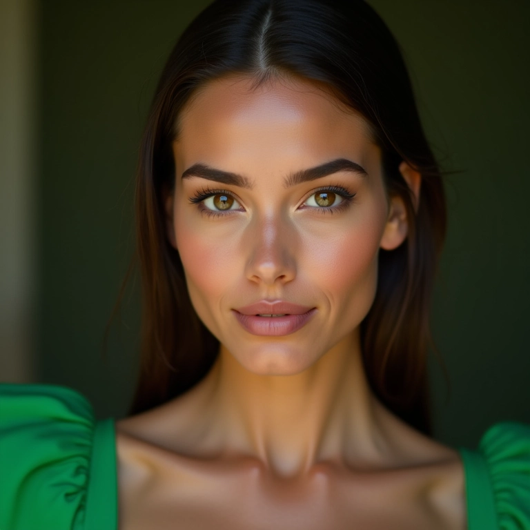 Mulher com vestido verde e maquiagem suave.