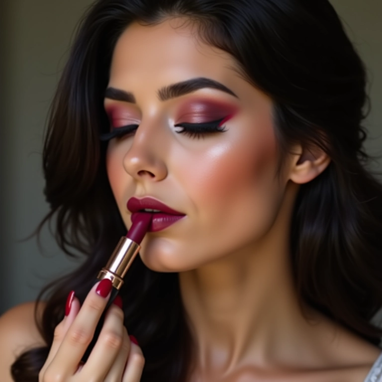 Mulher combinando batom vinho com sombra.