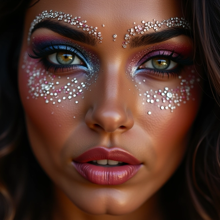 Mulher combinando glitter com pedrarias no rosto.