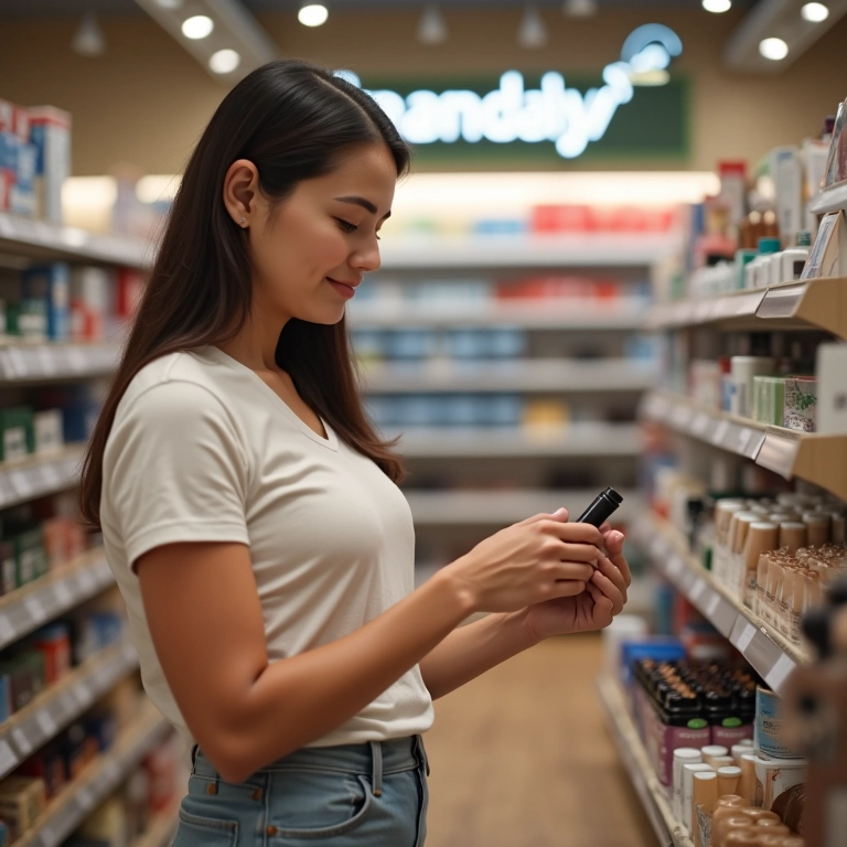 Mulher comprando base de farmácia em uma loja bem iluminada.