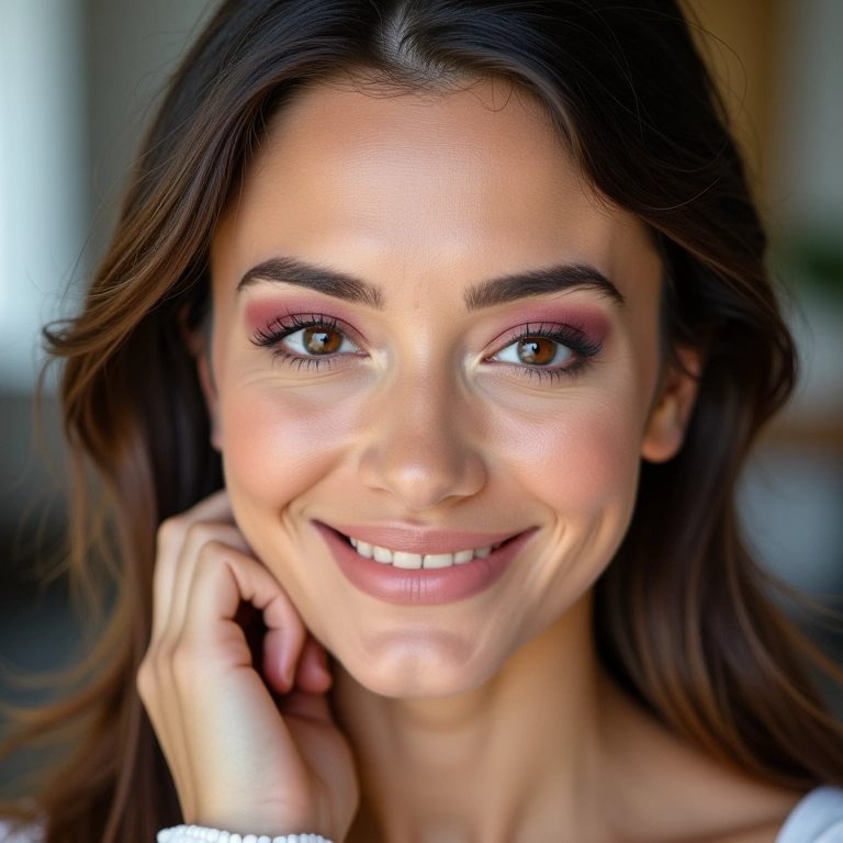 Mulher confiante com diferentes looks de maquiagem colorida.