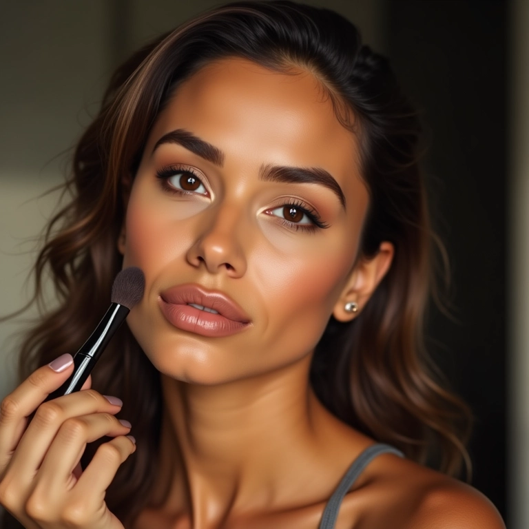 Mulher contornando o rosto para afiná-lo.