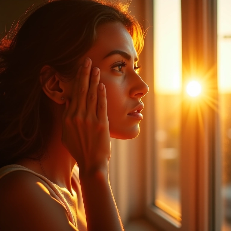 Mulher contornando o rosto perto de uma janela com luz natural.