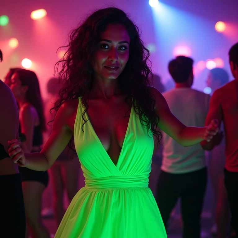 Mulher dançando em balada com maquiagem neon.