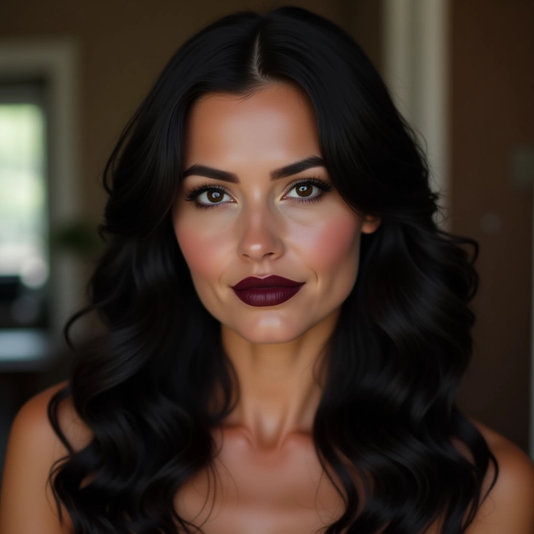 Mulher de cabelo escuro com batom vinho.