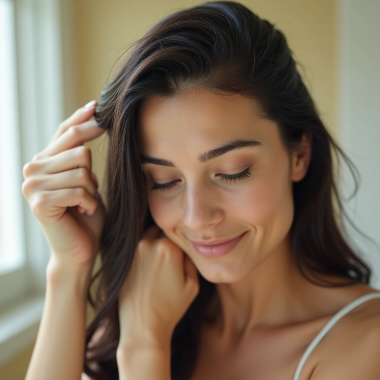 Mulher de cabelos escuros aplicando pó de bambu no cabelo como shampoo seco.