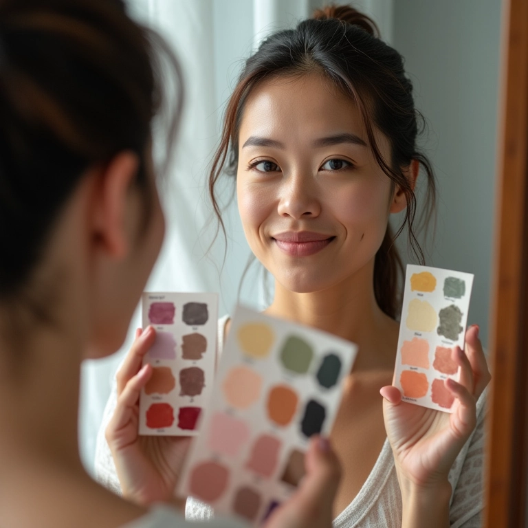 Mulher de meia-idade analisando seu subtom da pele.