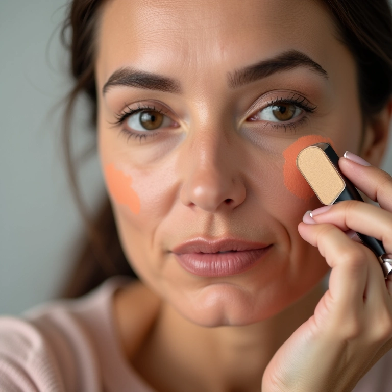 Mulher de meia idade aplicando corretivo salmão para olheiras amarronzadas.