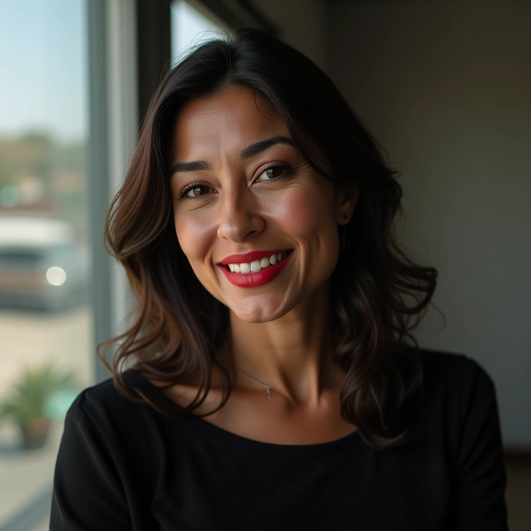 Mulher de meia-idade com batom vermelho e vestido preto.