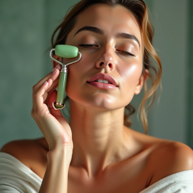 Mulher de meia-idade massageando o rosto com um rolo de jade em um banheiro com estilo brasileiro.