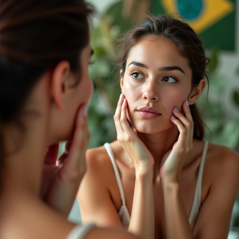Mulher de pele clara analisando seu tom de pele em frente ao espelho.