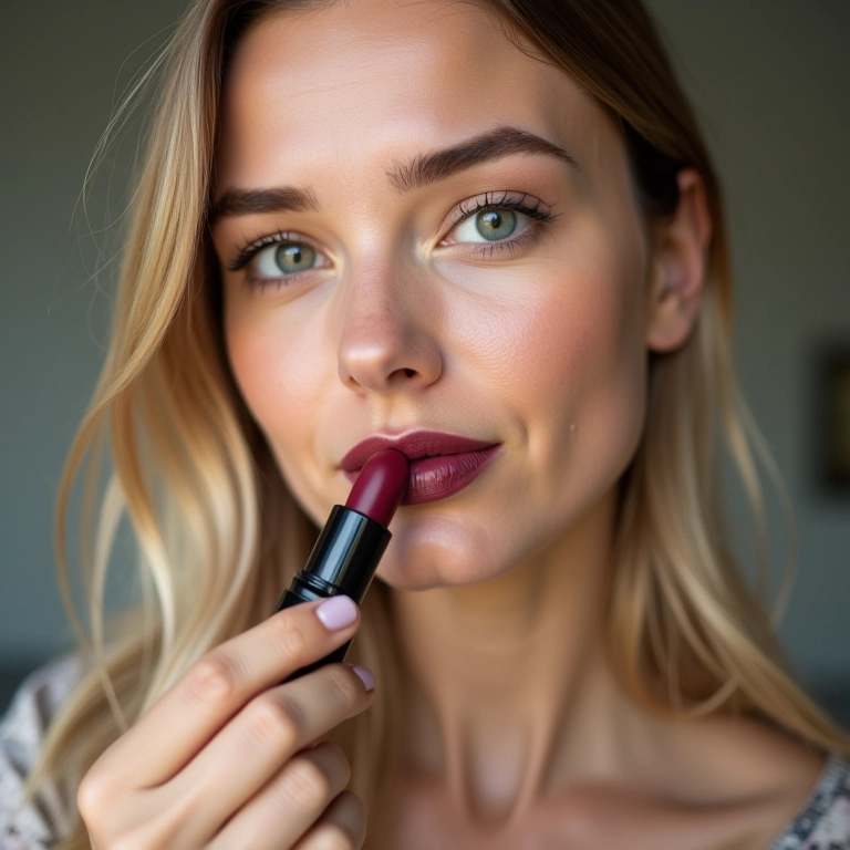 Mulher de pele clara aplicando batom vinho.
