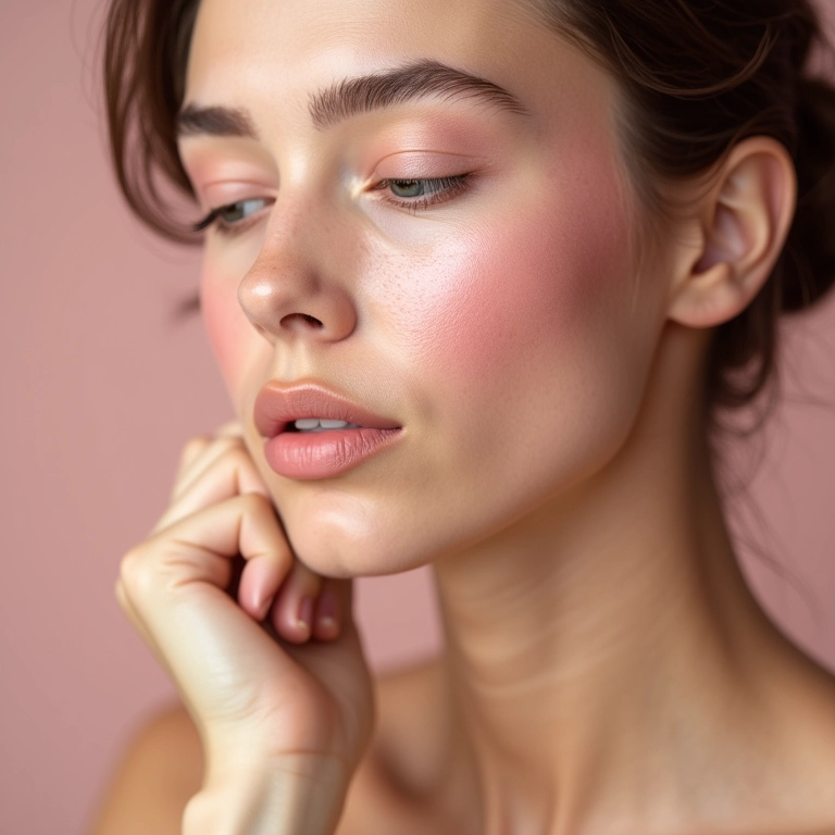 Mulher de pele clara aplicando blush em pó solto rosa claro.