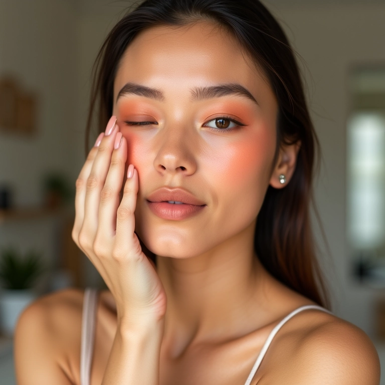 Mulher de pele clara aplicando blush laranja suave.