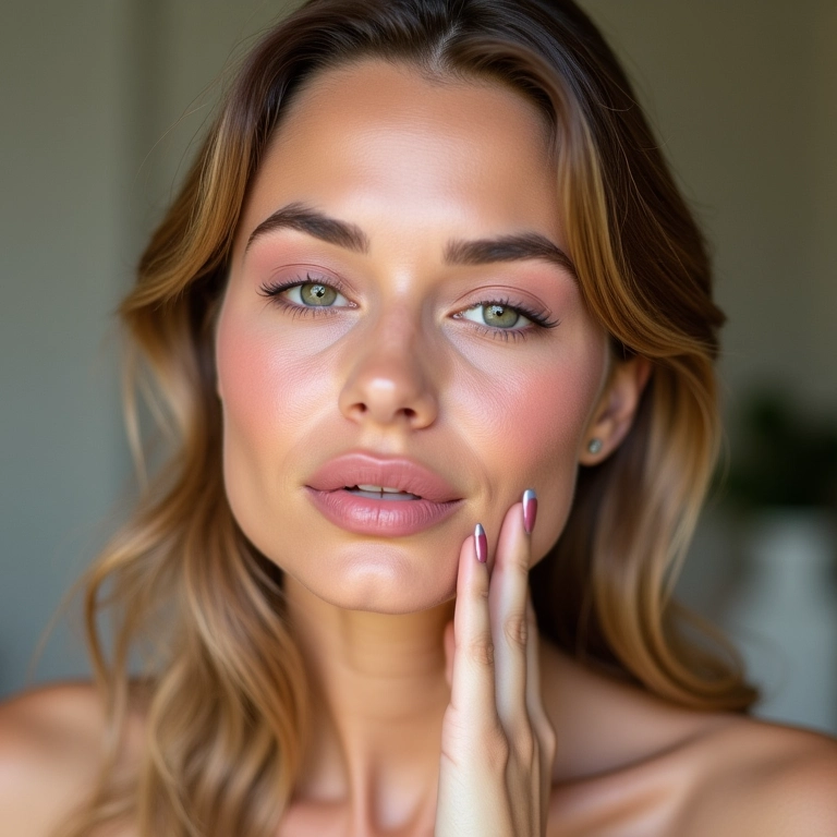 Mulher de pele clara aplicando blush rosa claro.