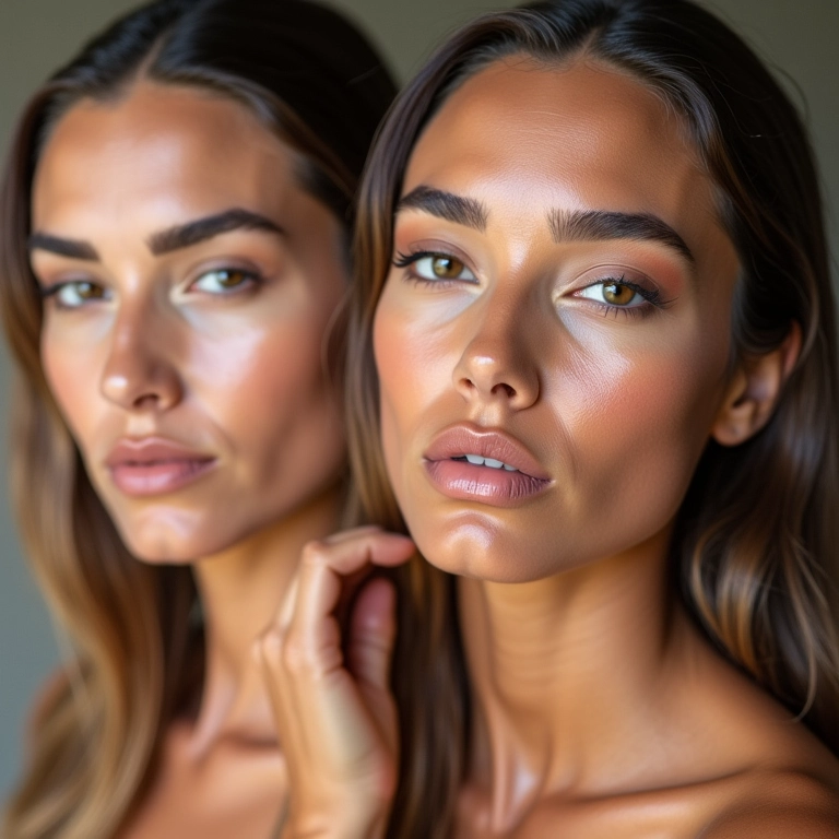 Mulher de pele clara aplicando bronzer para um visual noturno.