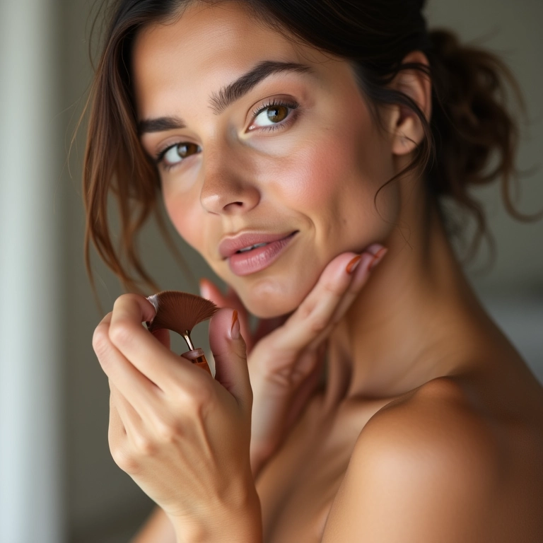 Mulher de pele clara aplicando bronzer rosado.