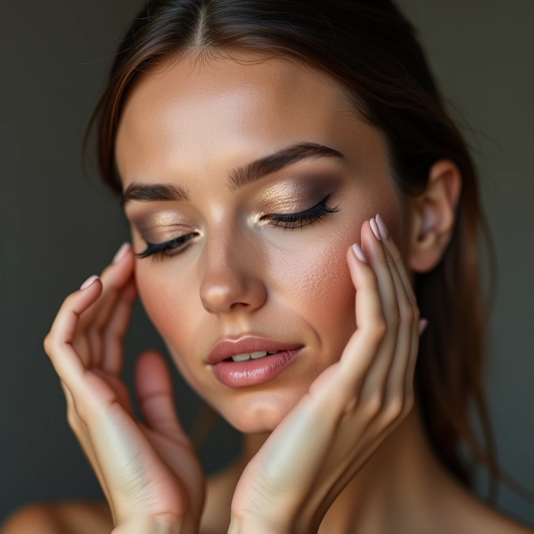 Mulher de pele clara aplicando contorno cinza suavemente.