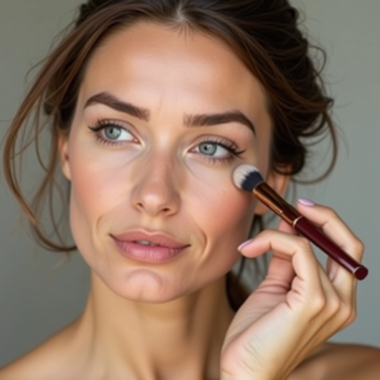 Mulher de pele clara aplicando contorno em pó.