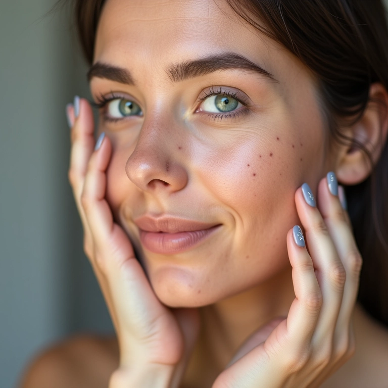 Mulher de pele clara aplicando corretivo azul para sardas e manchas claras.