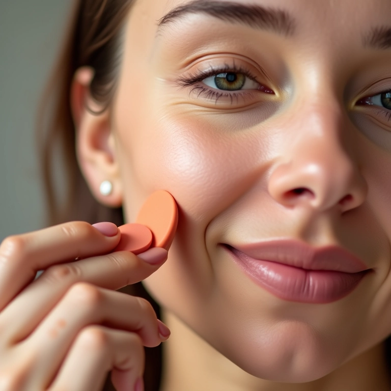 Mulher de pele clara aplicando corretivo salmão.