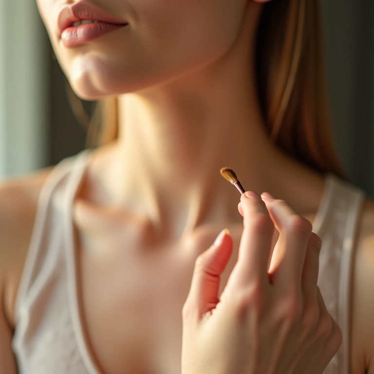 Mulher de pele clara aplicando iluminador no decote.
