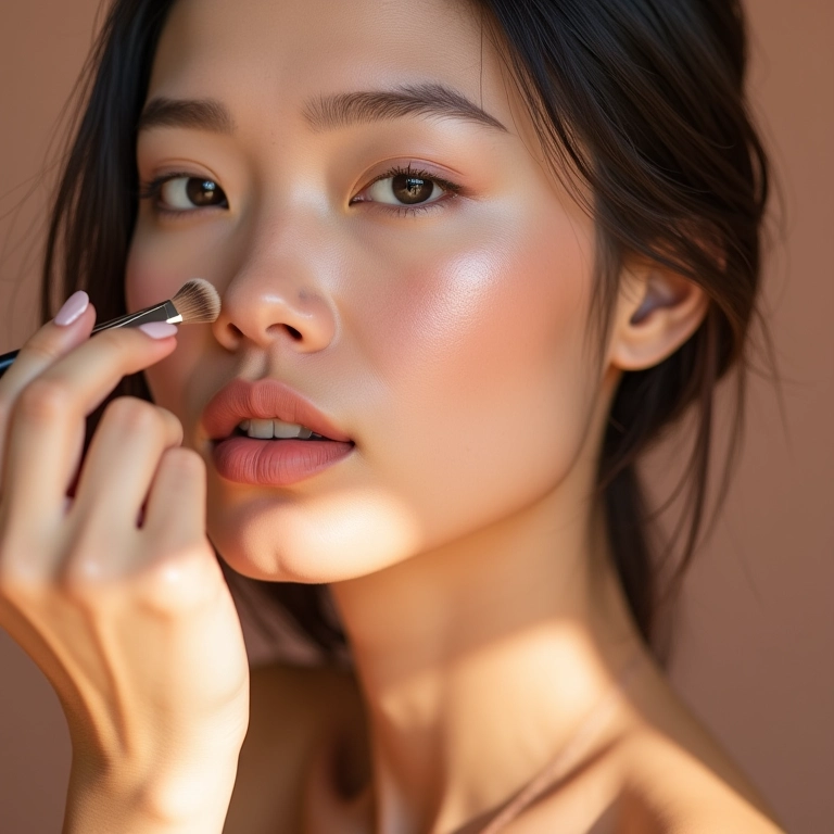 Mulher de pele clara aplicando iluminador pêssego suavemente.