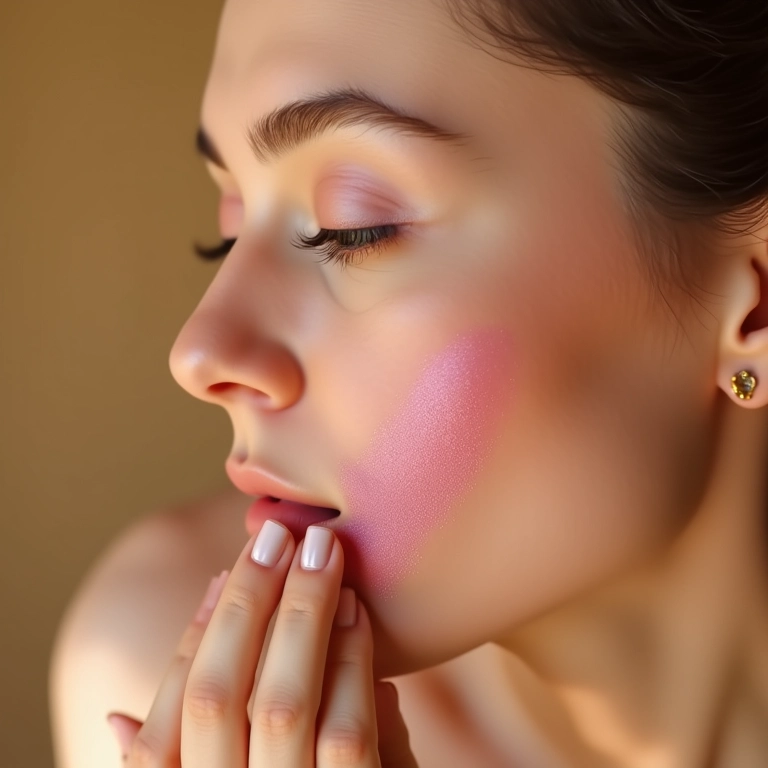 Mulher de pele clara aplicando iluminador rosado champagne.
