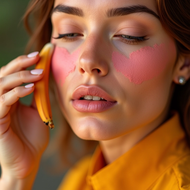 Mulher de pele clara aplicando pó de banana rosado em close-up.